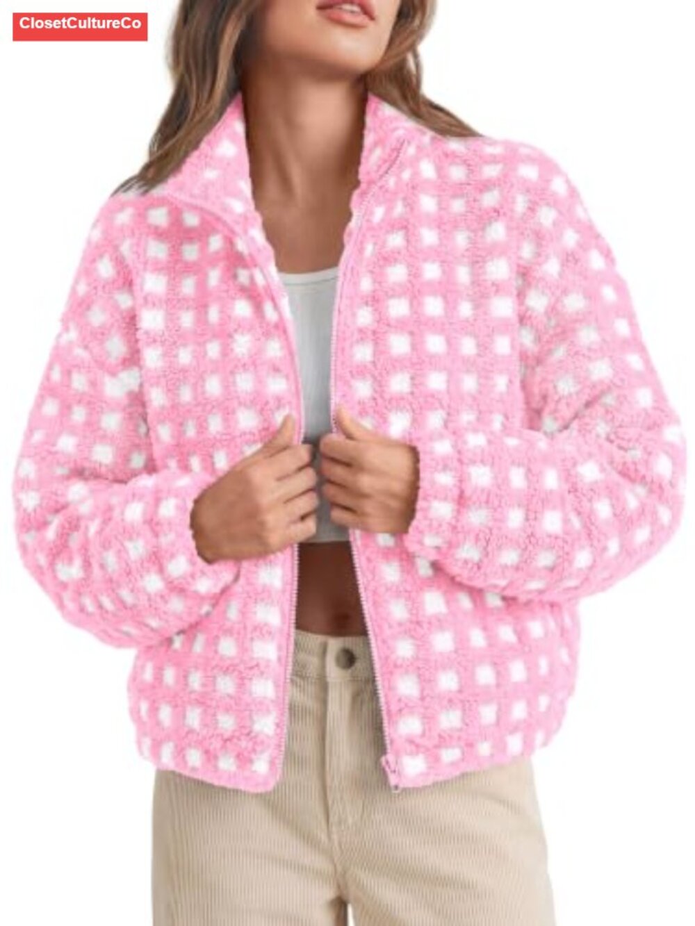 Sherpa Fleece Jacket Plaid Cropped Teddy Coat